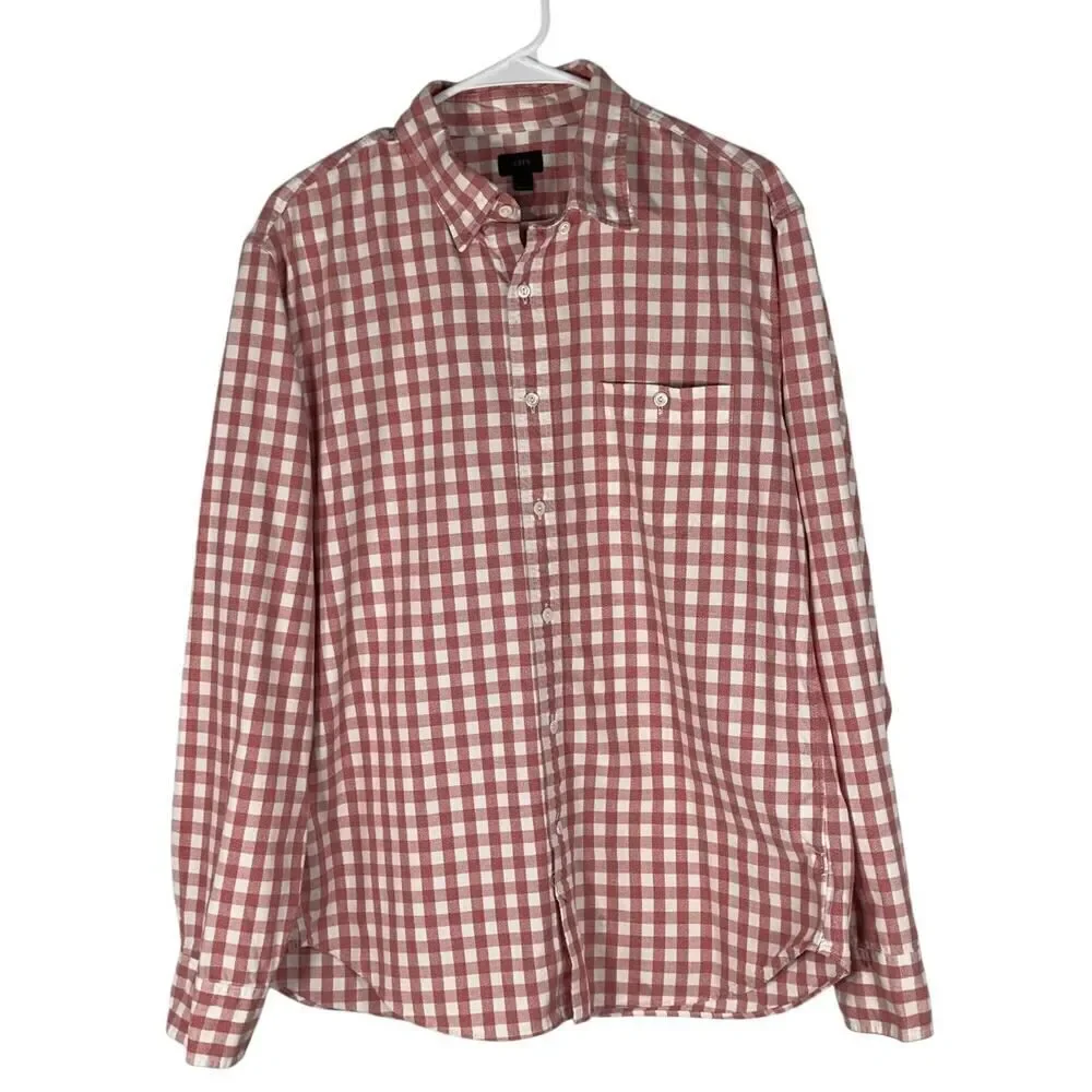 J.Crew Button Down Shirt Men's Large Pink White Plaid Long Sleeve Chest Pocket